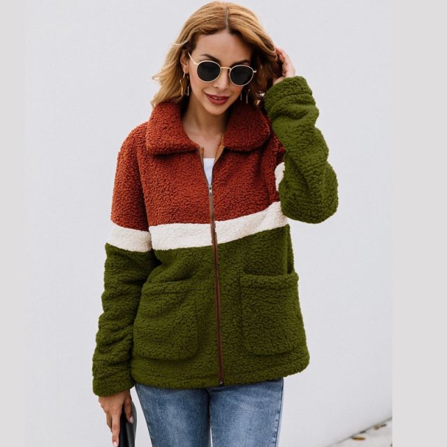 Lossky Women Autumn Winter Plush Jacket Coats Long Sleeve Flannel Warm Outwear Female New Patchwork Streetwear Ladies Clothing
