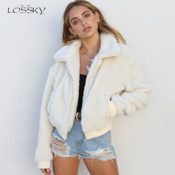 Lossky Fashion Long Sleeve short Coat Women 2019 Autumn Winter Warm Soft Jacket top Female Plush Loose Overcoat Casual Outerwear