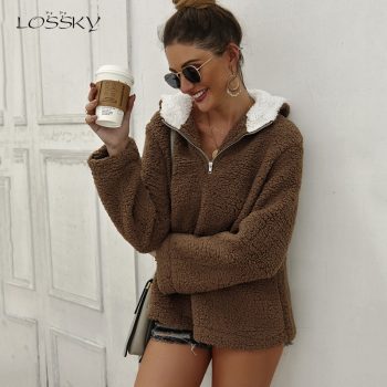 Lossky Hoodies Sweatshirts Women Long Sleeve Autumn Winter Teddy Plush Top Pocket Streetwear Female Zipper Pink Sweatshirt 2019