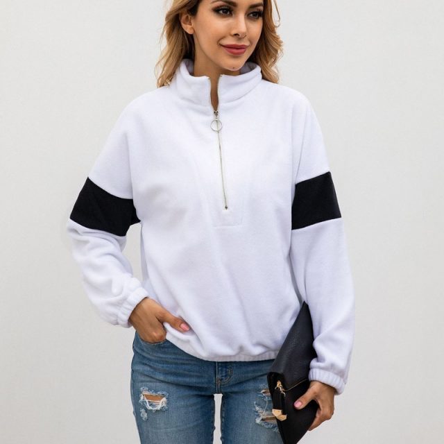 Lossky Women Sweatshirts Long Sleeve Stitching Warm Pullover Tops Zipper Autumn Winter Female White Streetwear Ladies Clothing