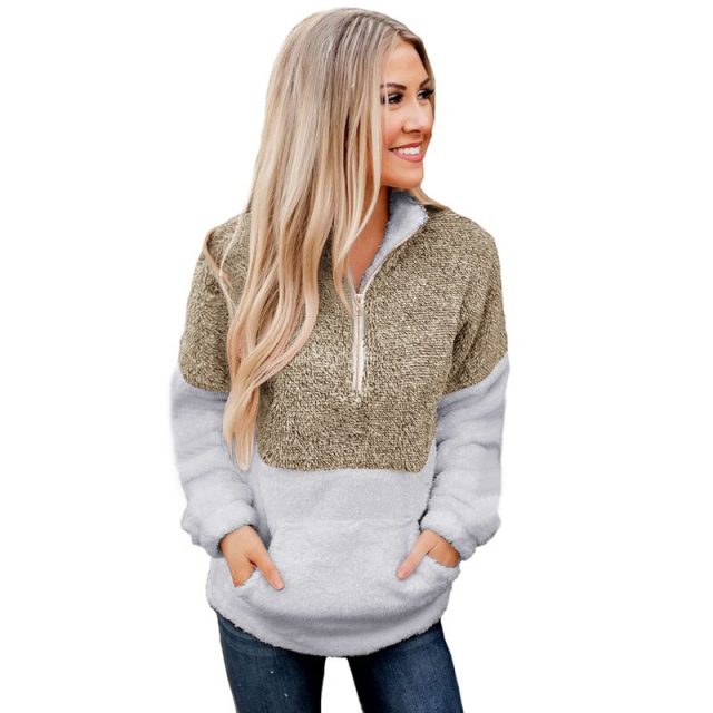 Lossky Sweatshirts Color Stitching Tops Zipper Women Long Sleeve Pocket High Collar New Autumn Winter Pullover Warm Sweatshirts