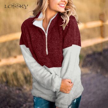 Lossky Sweatshirts Color Stitching Tops Zipper Women Long Sleeve Pocket High Collar New Autumn Winter Pullover Warm Sweatshirts