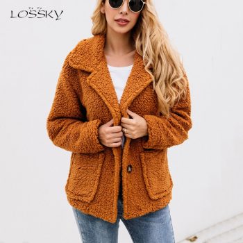 Lossky Women Flannel Jacket Coats Long Sleeve Plush Outwear Autumn Winter Warm Clothing Female Streetwear Ladies Jacket Buttons