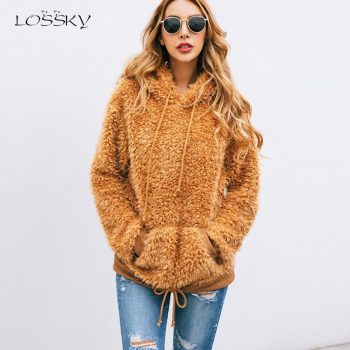 Lossky Autumn Winter Women's Hoodie Sweatshirts Zipper Female Plush Warm Hoodies Long Sleeve Pink Pullovers Top Ladies Clothing