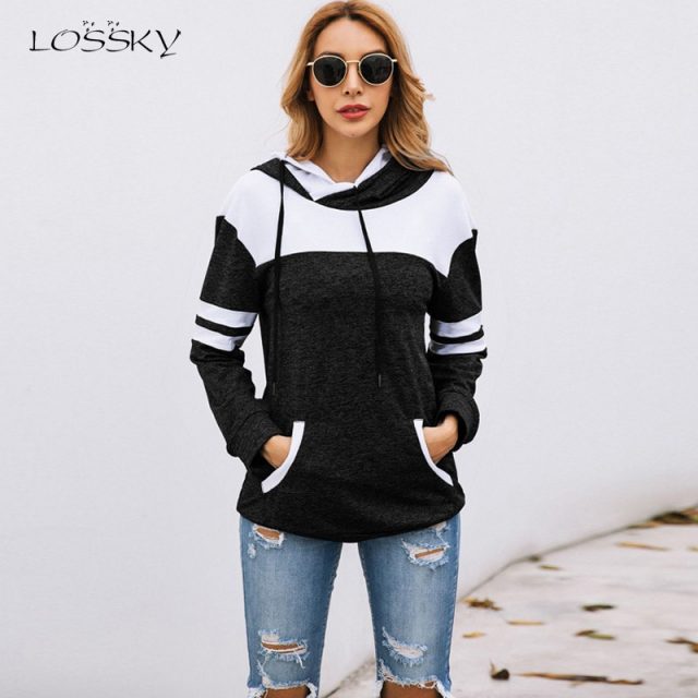 Lossky Hoodies Sweatshirt 2019 Women Autumn Long Sleeve Pullover Sweatshirts Top Female Patchwork Drawstring Sportswear Clothing