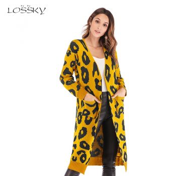 Lossky Women White Knitted Cardigans Sweater Leopard Print Long Pockets Slim Autumn Winter Fashion Lady Outerwear Knitwear 2019