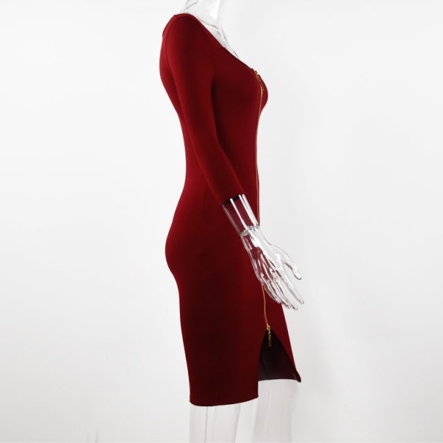 Lossky Women Sexy Club Low Cut Bodycon Dress Red Velvet Sheath 2019 Casual Autumn Winter Zipper Fashion Black Pure Dresses