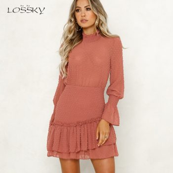 Lossky Women Dress Long Sleeve Sexy See Through Mini Princess Dress Autumn Winter White Cascading Ruffled Lady Pullover Clothing