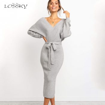 Lossky Women Long Dress Sexy Backless V Neck Wrap Side Slit Midi Dress Jumper New Autumn Winter Long Sleeve Ladies Warm Clothing