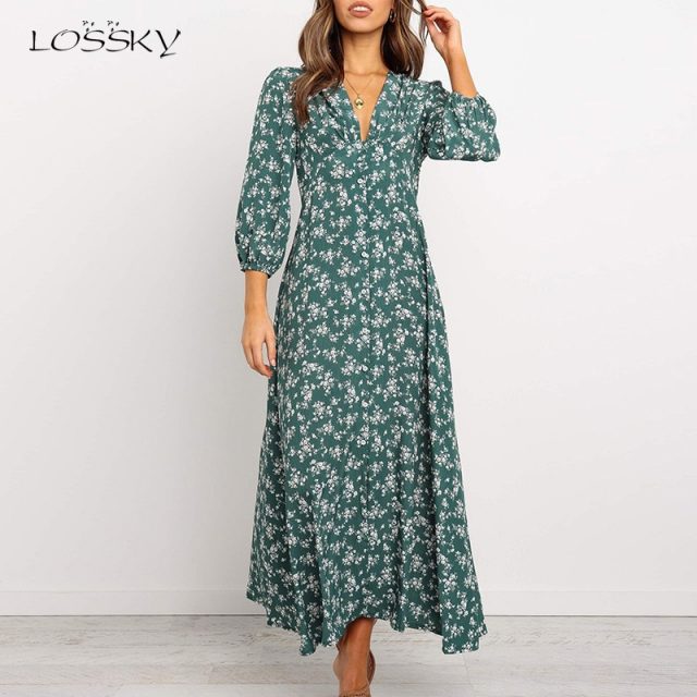 Lossky Women Long Chiffon Dress V-neck Elegant Green Vintage Floral Womens Long Sleeve Clothing Slim Dresses Ladies Jumper Dress