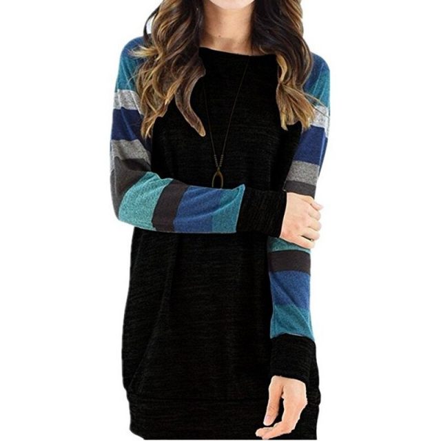 Lossky Dress O Neck Long Sleeve Autumn Women Striped Color Stitching fashion Casual Loose Ladies Black Simple Jumper Dress 2019