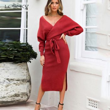 Lossky Women Long Dress Autumn Winter Sexy Backless V Neck Wrap Clothing Fashion Long Sleeve Elegant Red Slit Ladies Midi Dress