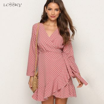 Lossky Dress Women Polka-dot Printed Long Sleeve Mini Dresses Short Sexy V Neck Ruffled Wrap Irregular Autumn Casual Dress 2019