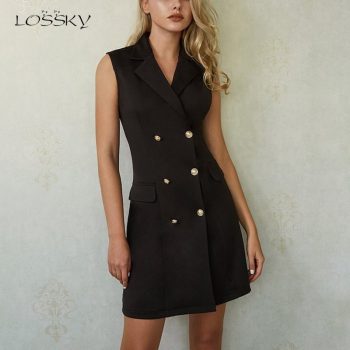 Lossky Women Dress Sleeveless Mini Blazer Dress New Autumn Spring Sexy Short Double-breasted V Neck Wrap Ladies Office Clothing