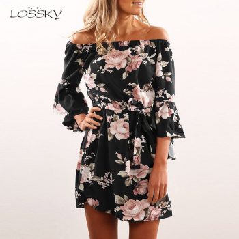 Lossky Women Print Dress New Flare Three Quarter Sleeve Mini Dress Plus Size 3xl Sexy Off Shoulder Backless Slash Neck Dress