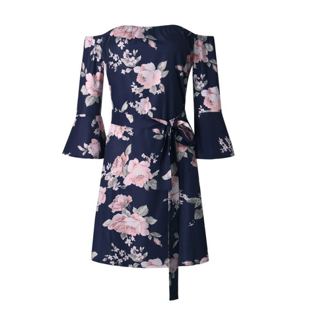 Lossky Women Print Dress New Flare Three Quarter Sleeve Mini Dress Plus Size 3xl Sexy Off Shoulder Backless Slash Neck Dress