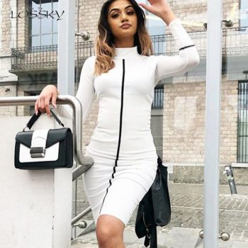 Lossky Women Long sleeve Dress Sexy Bodycon Autumn Winter Black White Dress Lady 2019 Fashion Casual Party Dress Red
