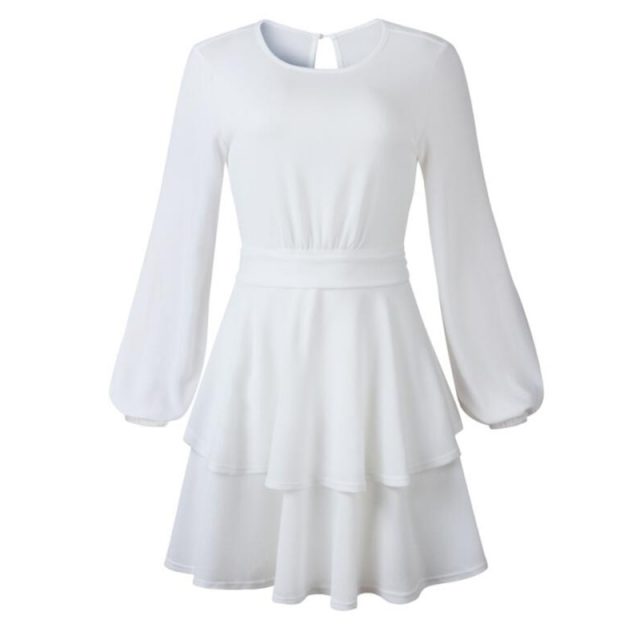 Lossky Autumn Winter Dress Women Long Sleeve Short Mini Dress Fashion Backless Cascading Ruffled White Ladies Warm Clothing 2019