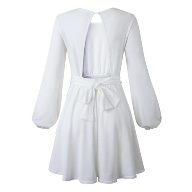 Lossky Autumn Winter Dress Women Long Sleeve Short Mini Dress Fashion Backless Cascading Ruffled White Ladies Warm Clothing 2019