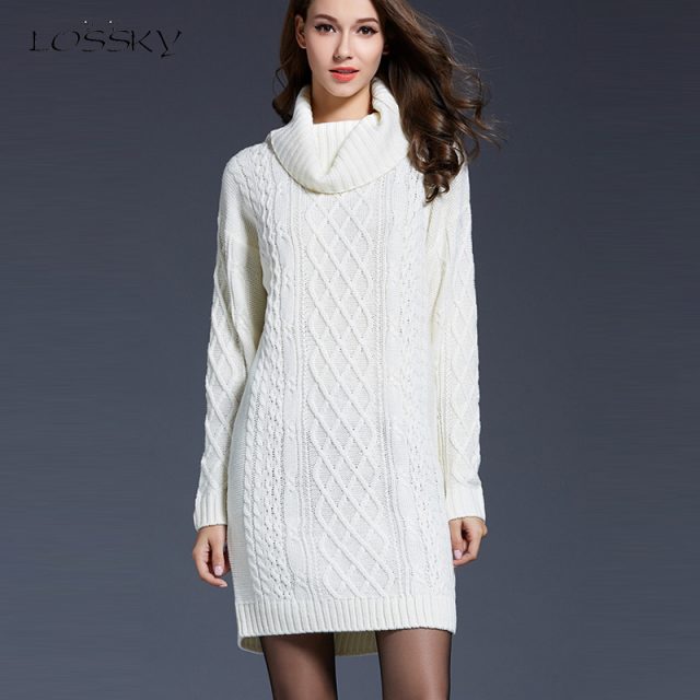 Lossky Dress Women Long Sleeve Autumn Winter Sweater Dress Plus Size White Mini Short Turtlenck Pullover Dress Streetwear Simple