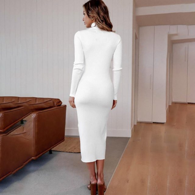 Lossky Women White Long Dress Pit Sexy Long Sleeve Slim Midi Dresses Autumn Winter Ladies Elegant Office Clothing Work Wear 2019