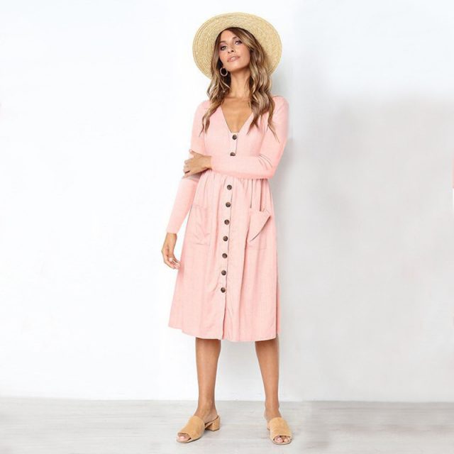 Lossky Long Sleeve V Neck Women Casual Autumn Dress Empire Solid Buttons Pockets Polyester Vestido 2018 Knee Length A Line Dress