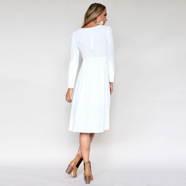 Lossky Long Sleeve V Neck Women Casual Autumn Dress Empire Solid Buttons Pockets Polyester Vestido 2018 Knee Length A Line Dress