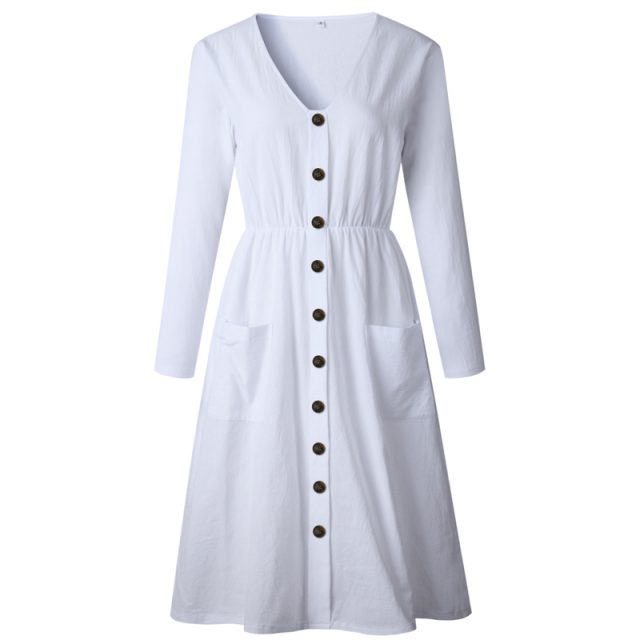 Lossky Long Sleeve V Neck Women Casual Autumn Dress Empire Solid Buttons Pockets Polyester Vestido 2018 Knee Length A Line Dress