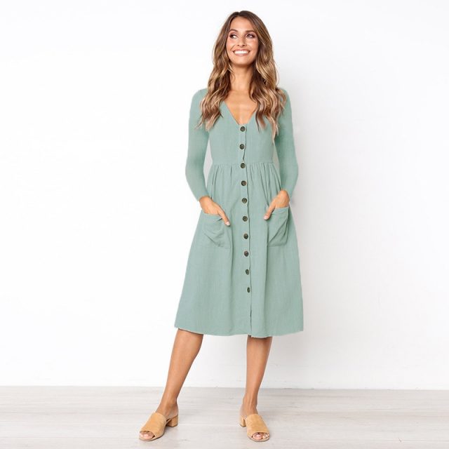 Lossky Long Sleeve V Neck Women Casual Autumn Dress Empire Solid Buttons Pockets Polyester Vestido 2018 Knee Length A Line Dress