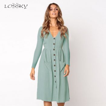 Lossky Long Sleeve V Neck Women Casual Autumn Dress Empire Solid Buttons Pockets Polyester Vestido 2018 Knee Length A Line Dress