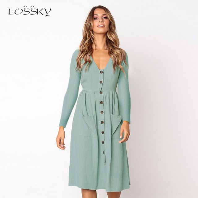 Lossky Long Sleeve V Neck Women Casual Autumn Dress Empire Solid Buttons Pockets Polyester Vestido 2018 Knee Length A Line Dress