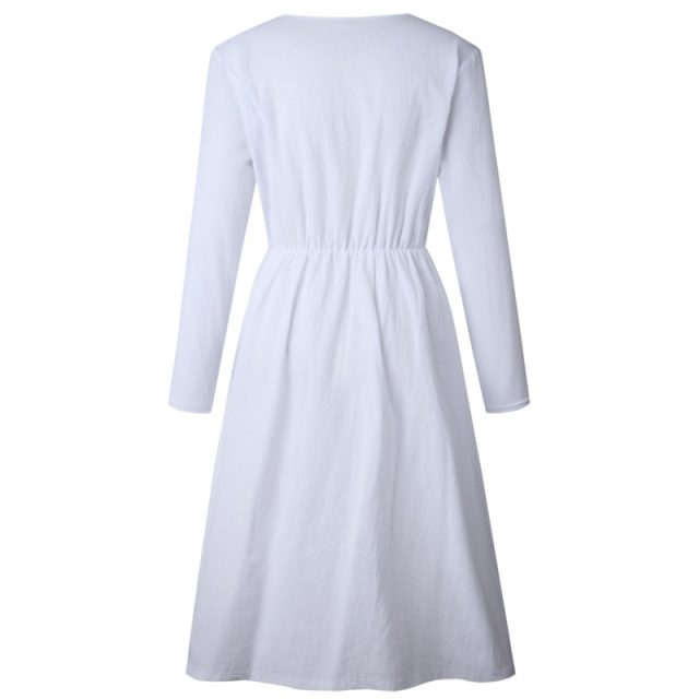 Lossky Long Sleeve V Neck Women Casual Autumn Dress Empire Solid Buttons Pockets Polyester Vestido 2018 Knee Length A Line Dress