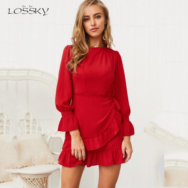Lossky Women Dress Long Sleeve Short Mini Clothing Fashion Autumn Ladies Chiffon Lace-up Ruffled Slim Elegant Red Black Dresses