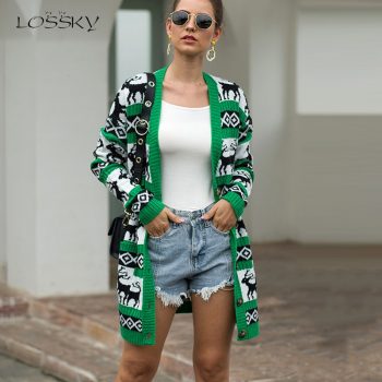 Lossky Sweater Women Ugly Christmas Deer Long Cardigan Mujer Loose Fall Winter Knitted Warm Sweater Clothes Coat Pull Femme 2019