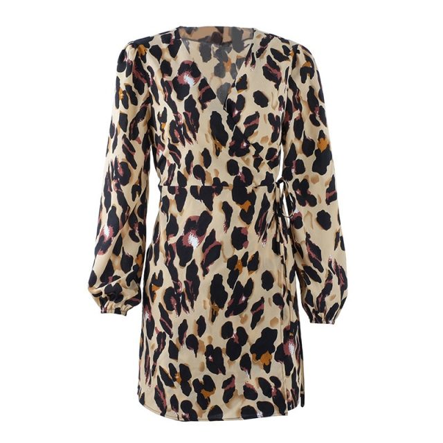 Lossky Short Dress Women Autumn Winter Fashion Leopard Print Sexy V-neck Wrap Long Sleeve Mini Dress Casual Ladies Clothing 2019