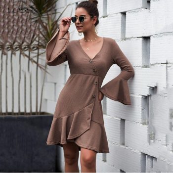 Lossky Women Dress Sexy V-neck Long Sleeve Autumn Kintted Dress Button Ruffled Irregular Clothing Ladies Dress High Quality 2019