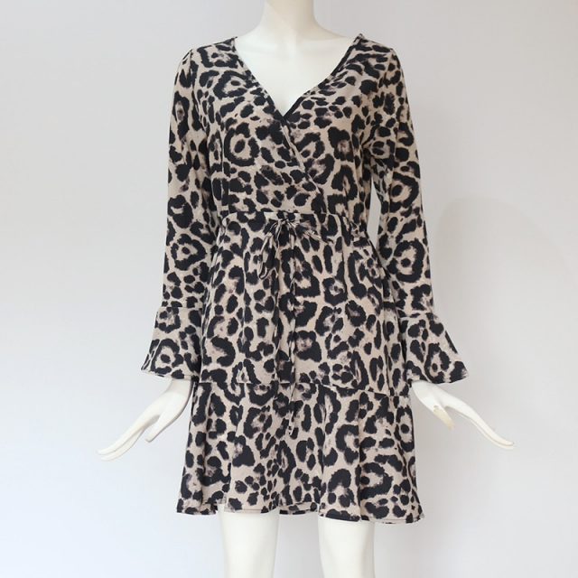 Lossky Leopard Print V-neck Wrap Sleeve Mini Dress Women Plus Size New Short Spring Autumn Gray Lady Dress Elastic Waist