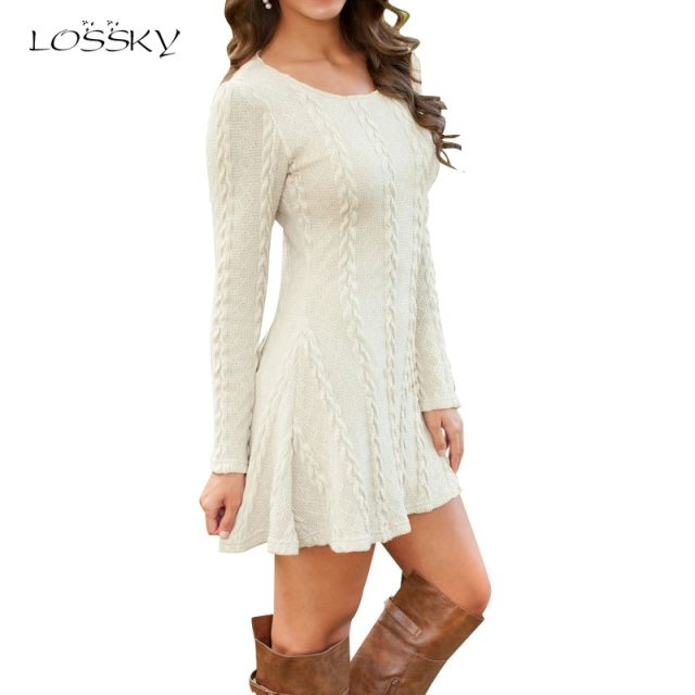 Women Causal Plus Size Short Sweater Dress Female Autumn Winter White Long Sleeve Loose Knitted Cotton Sweaters Dresses Vestidos