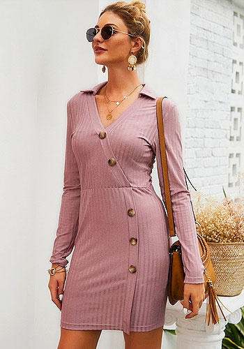 Sexy Long Sleeve Knit Autumn Short Dress Office Dress Work Wear With Slant Buttons