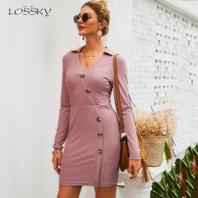 Sexy Long Sleeve Knit Autumn Short Dress Office Dress Work Wear With Slant Buttons