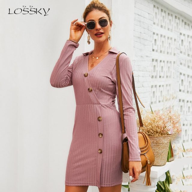Sexy Long Sleeve Knit Autumn Short Dress Office Dress Work Wear With Slant Buttons