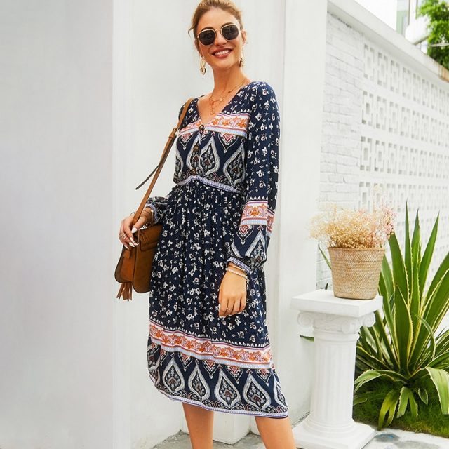 Lossky Dress Boho Style Women Long Sleeve Autumn Fashion Print V Neck Clothing With Buttons Ladies Loose Knee Dress Elegant 2019