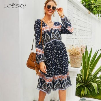 Lossky Dress Boho Style Women Long Sleeve Autumn Fashion Print V Neck Clothing With Buttons Ladies Loose Knee Dress Elegant 2019