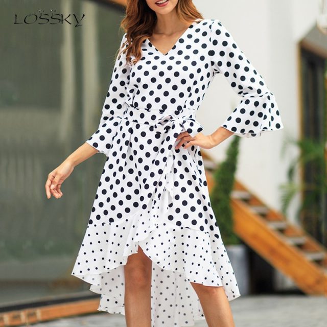 Lossky Women Dress Fashion Polka Dot Print Long Elegant Dress Ladies Asymmetrical 2019 Casual Autumn Midi Clothing White Vestido