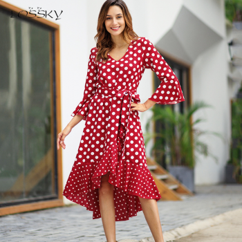 Lossky Women Dress Fashion Polka Dot Print Long Elegant Dress Ladies Asymmetrical 2019 Casual Autumn Midi Clothing White Vestido