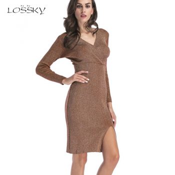 Lossky Dress Women Sexy V Neck Long Sleeve Warm Knitted Autumn Winter Jumper Dress Black Slit Party Clothing Dress High Quality