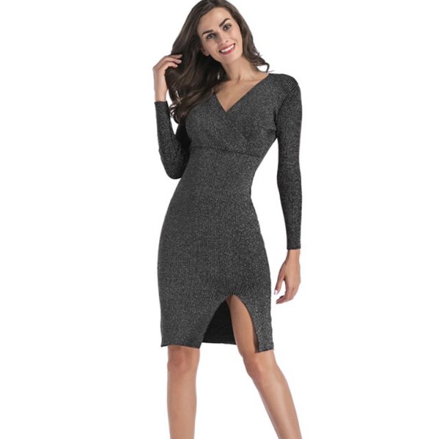 Lossky Dress Women Sexy V Neck Long Sleeve Warm Knitted Autumn Winter Jumper Dress Black Slit Party Clothing Dress High Quality