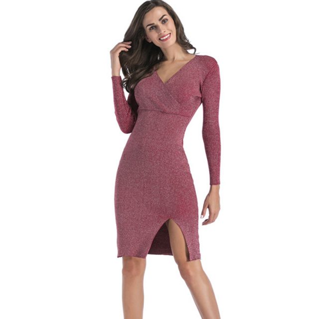 Lossky Dress Women Sexy V Neck Long Sleeve Warm Knitted Autumn Winter Jumper Dress Black Slit Party Clothing Dress High Quality