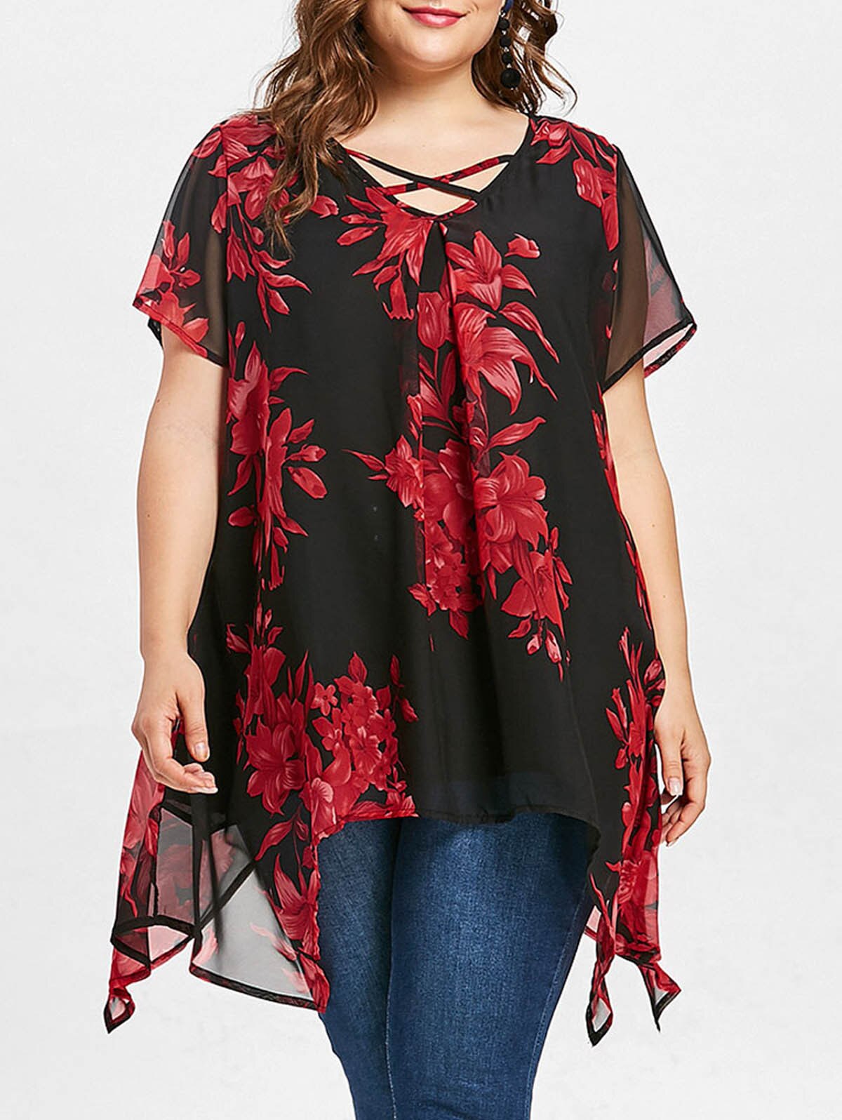 Womens Tops And Blouses Plus Size Women Clothing V Neck Short Sleeve Floral Boho Blouse Chiffon Irregular Ladies Tunic Tops