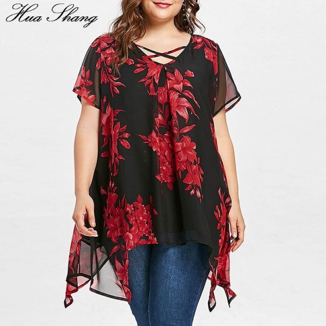 Womens Tops And Blouses Plus Size Women Clothing V Neck Short Sleeve Floral Boho Blouse Chiffon Irregular Ladies Tunic Tops